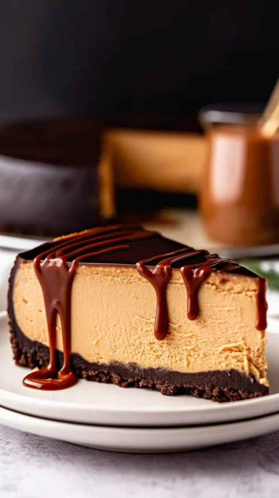 Delicious Kahlua cheesecake topped with chocolate shavings and coffee beans