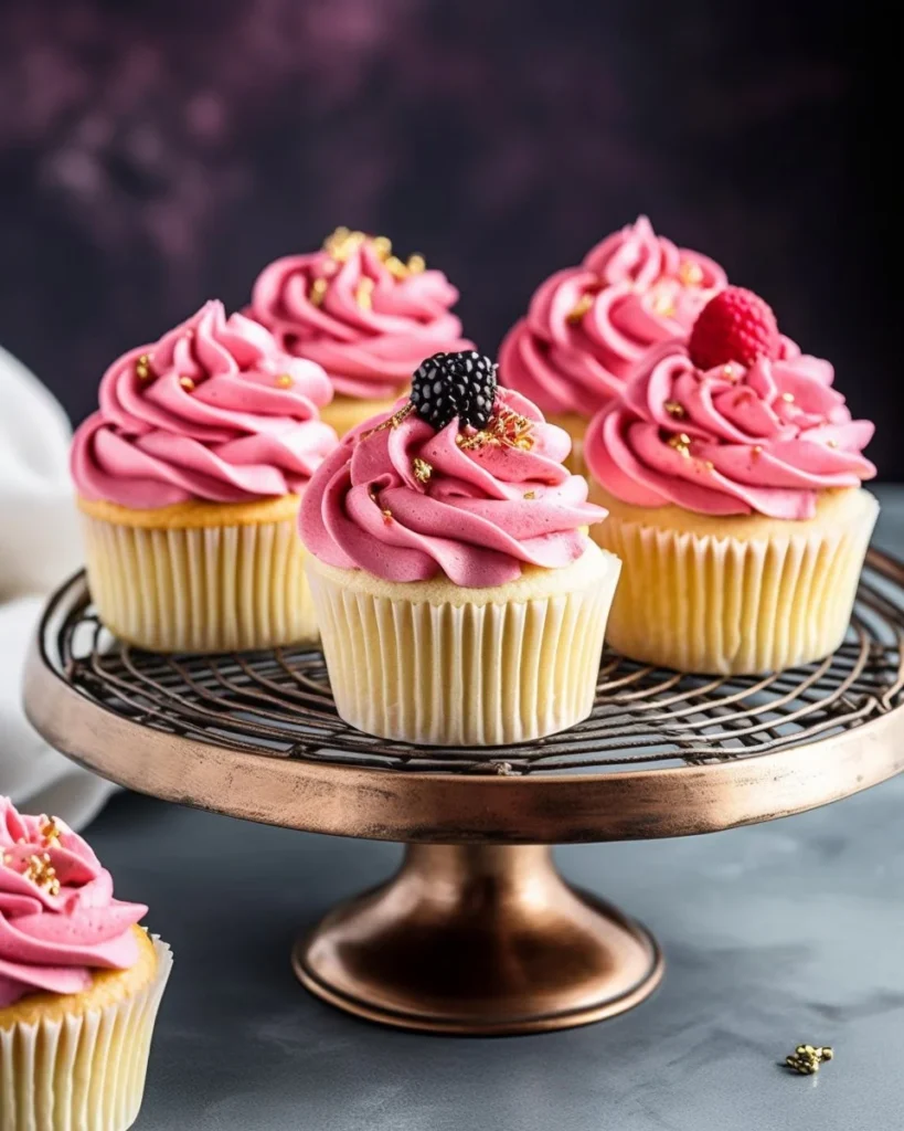 Lemon poppy seed cupcakes topped with blackberry frosting on a decorative plate.