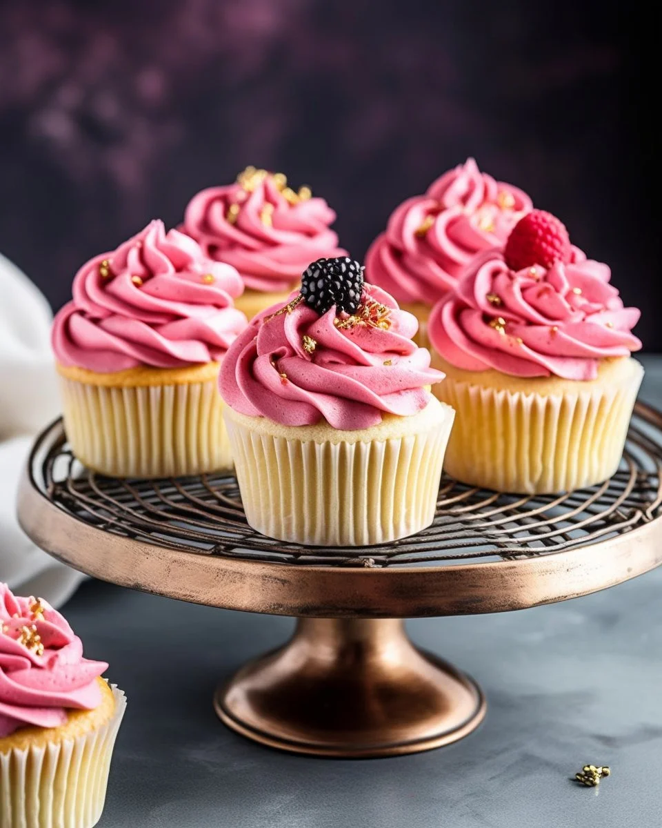 Lemon poppy seed cupcakes topped with blackberry frosting on a decorative plate.