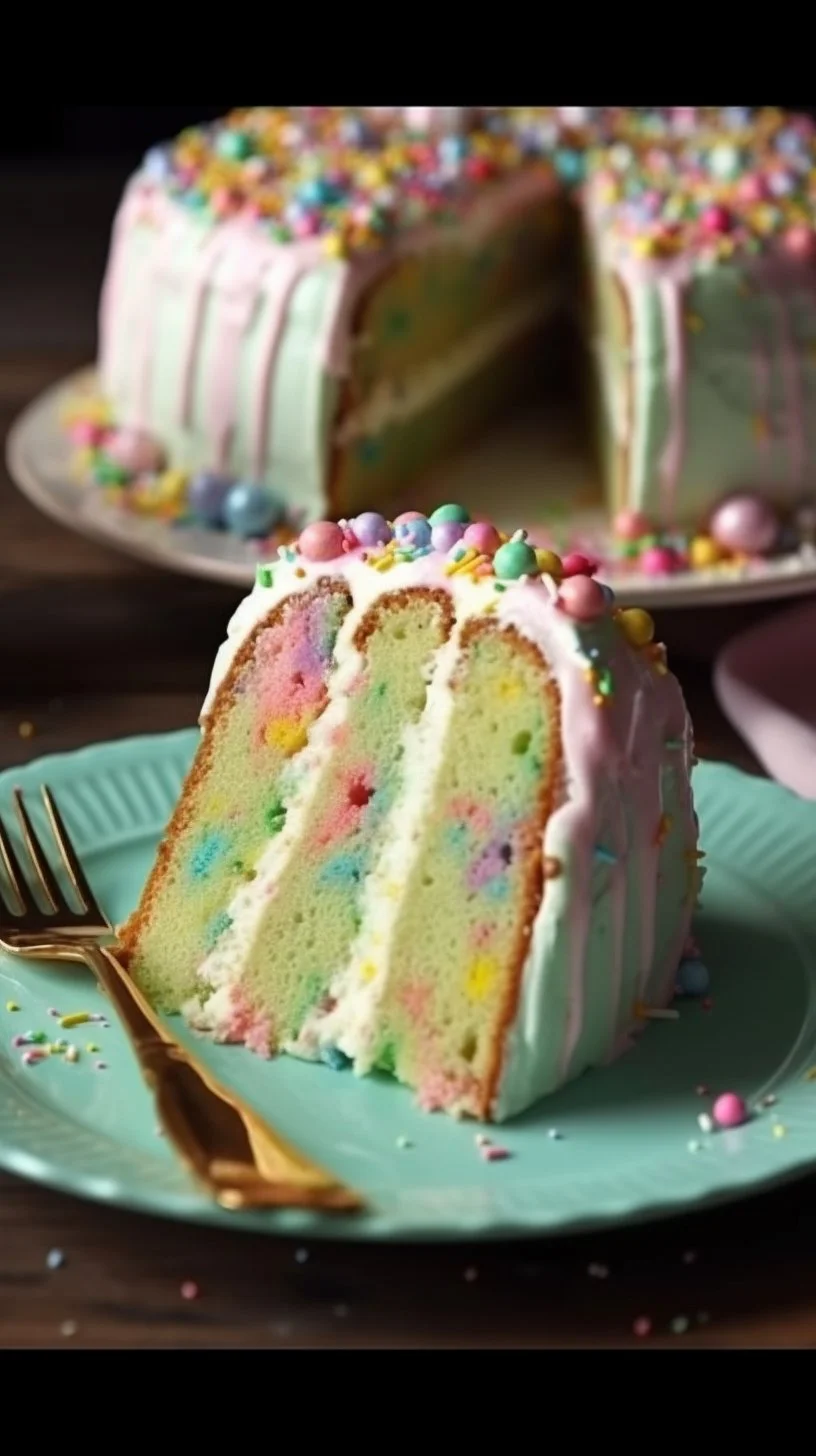 Melted Ice Cream Bundt Cake topped with sprinkles and chocolate