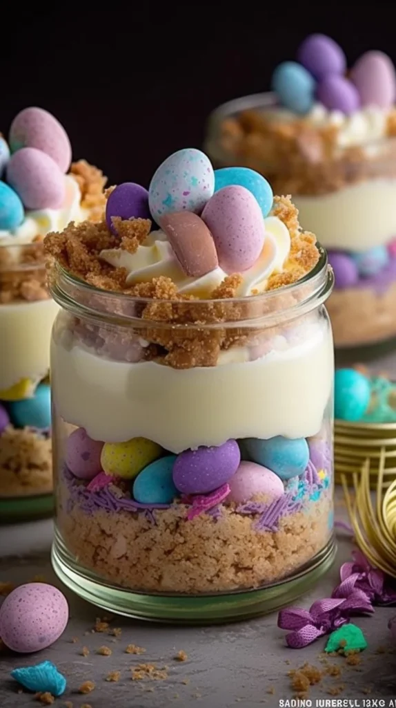 No-Bake Easter Cheesecake Cups dessert with colorful toppings