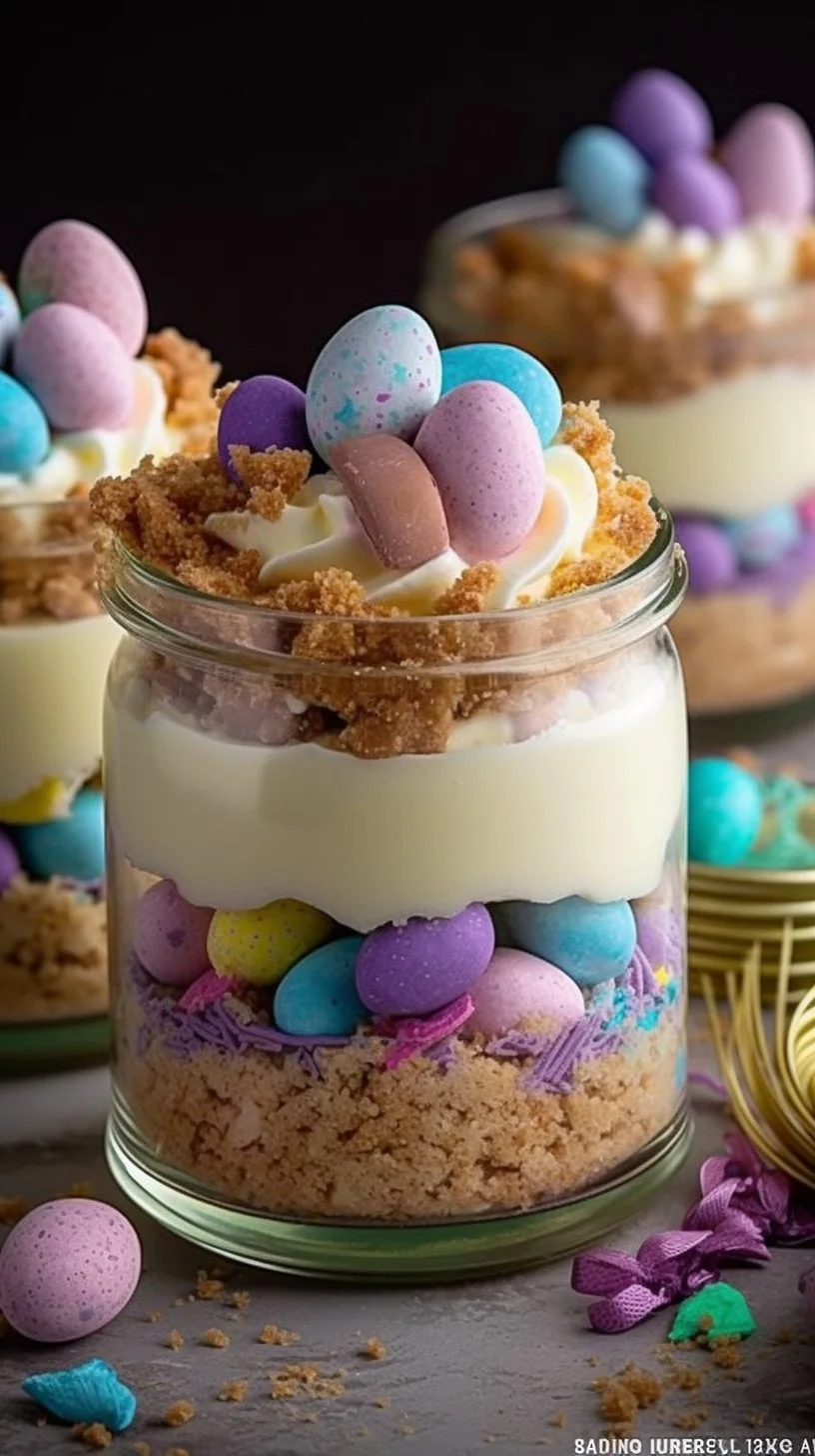 No-Bake Easter Cheesecake Cups dessert with colorful toppings
