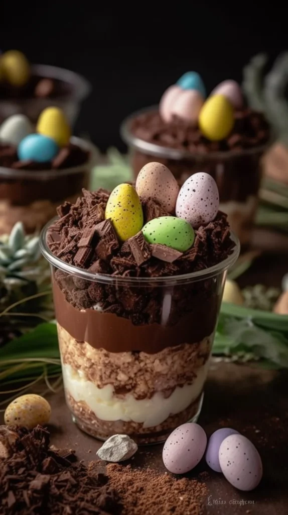 No-Bake Easter Dirt Cups with chocolate and colorful candy decorations