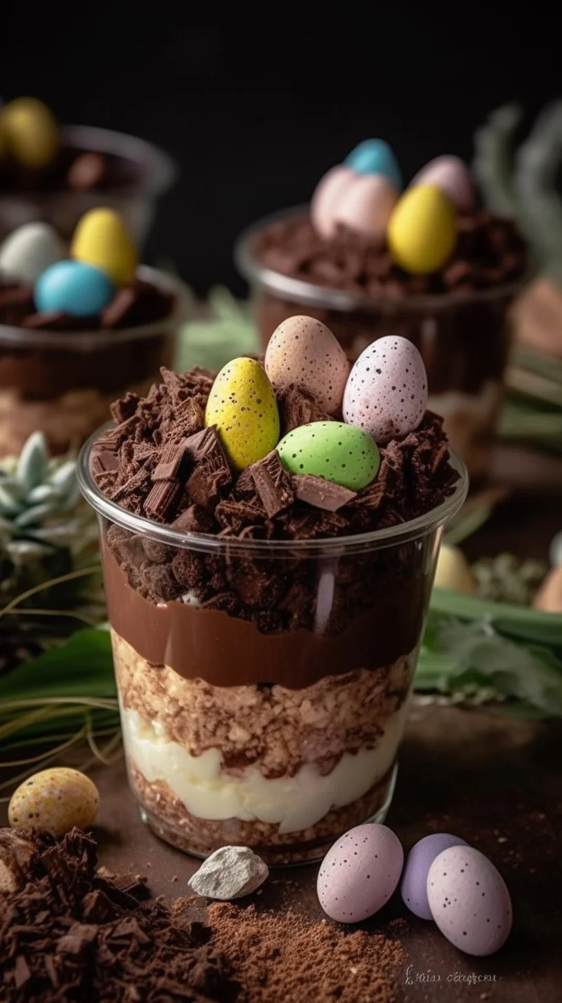 No-Bake Easter Dirt Cups with chocolate and colorful candy decorations