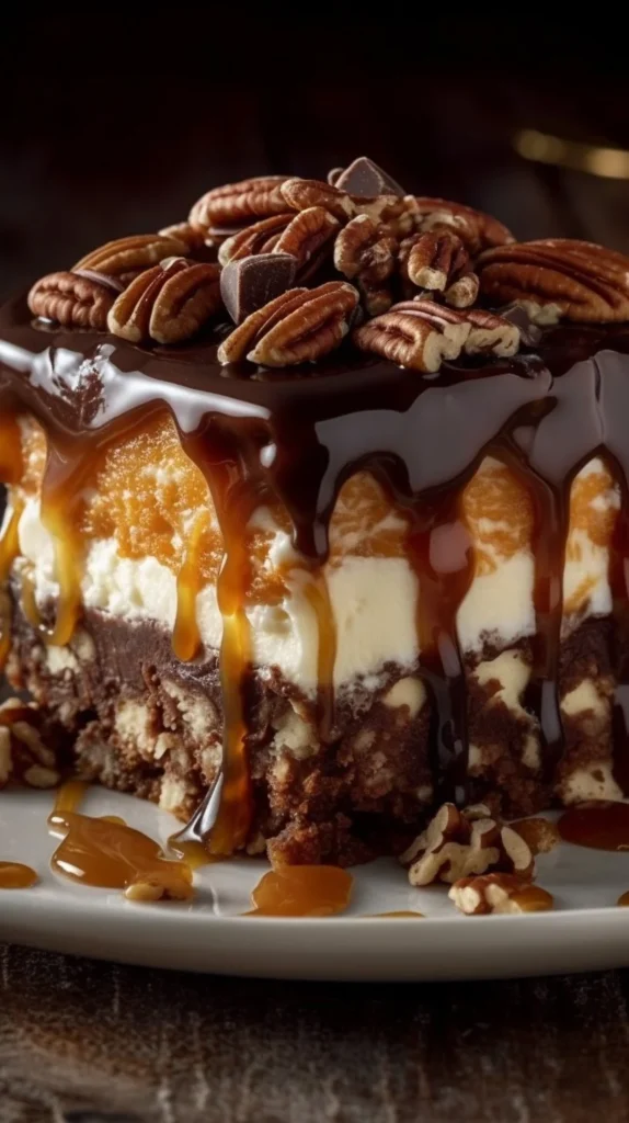 Delicious no-bake turtle lasagna dessert with layers of chocolate and caramel