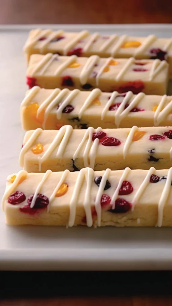 Plate of orange cranberry shortbread cookies decorated with citrus zest.