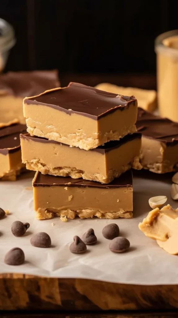 Delicious homemade peanut butter bars topped with chocolate and nuts