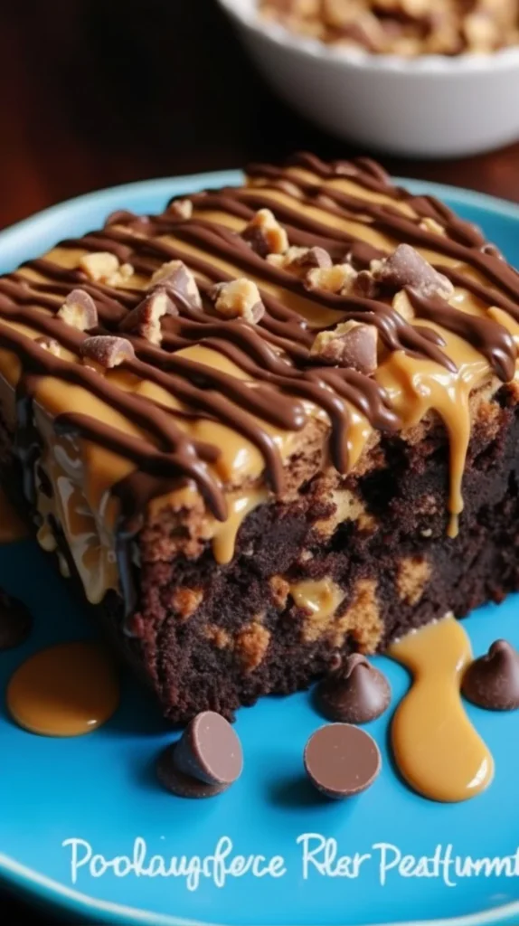 Delicious Peanut Butter Cup Dump Cake topped with chocolate and peanut butter cups