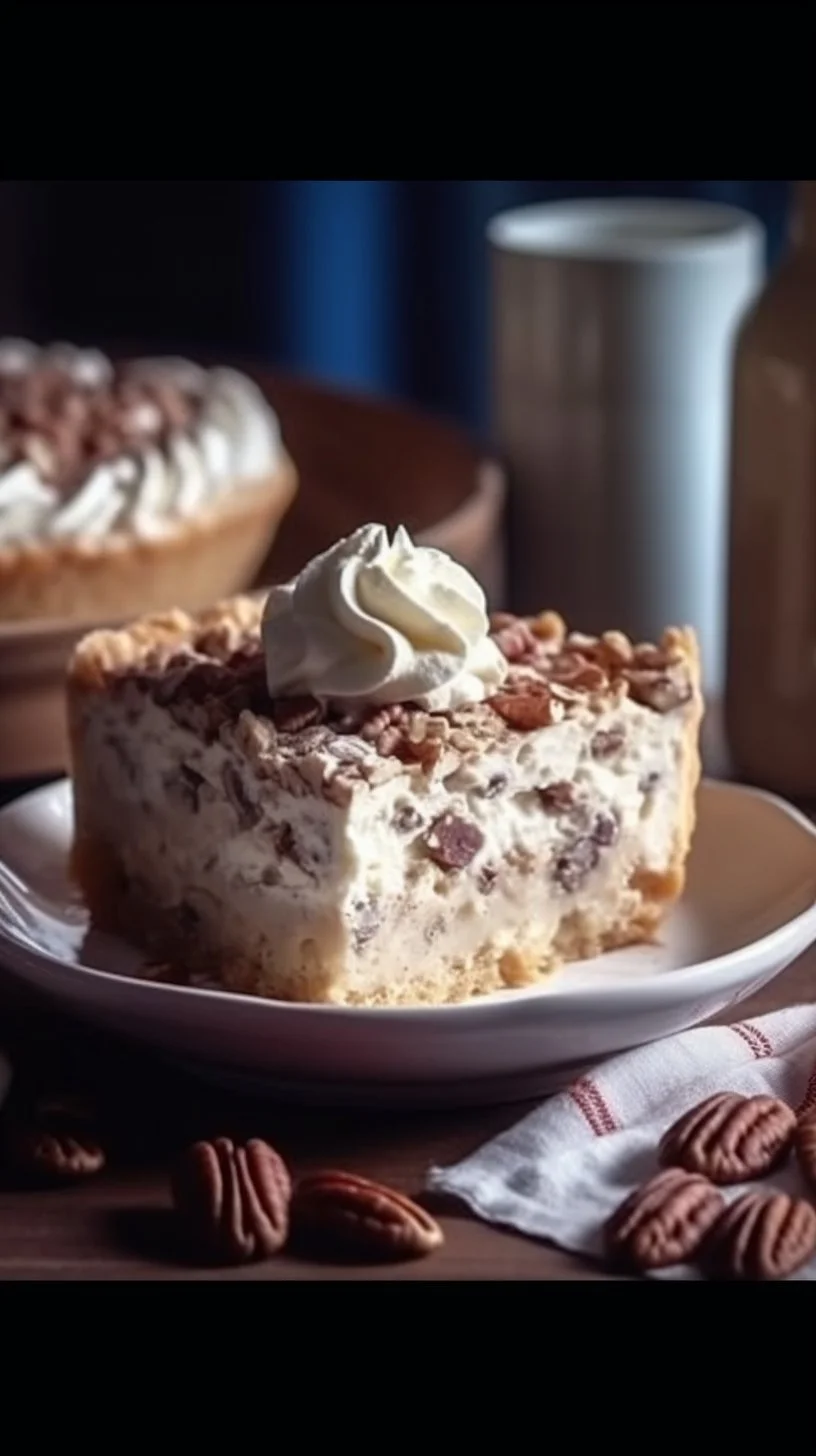 Delicious Pecan Cream Deep Dish Pie topped with pecans and whipped cream