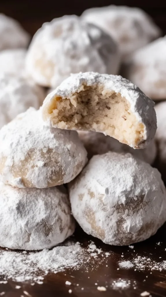Delicious pecan snowball cookies dusted with powdered sugar on a plate.