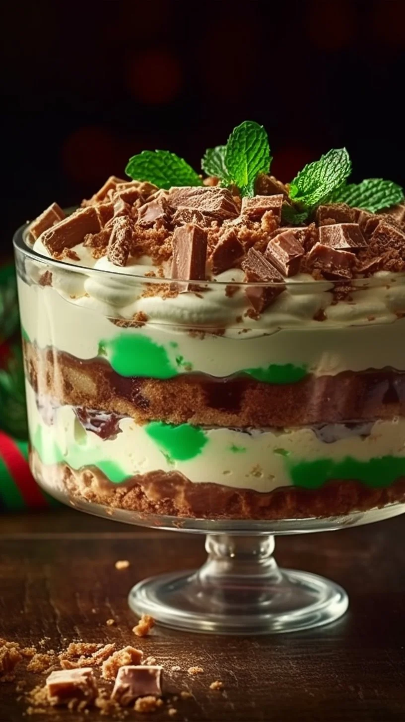 Delicious Peppermint Crisp Trifle Delight serving in a clear glass dish