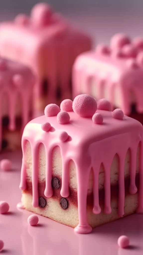 Pink cookie dough mini cakes with chocolate drip on a decorative plate