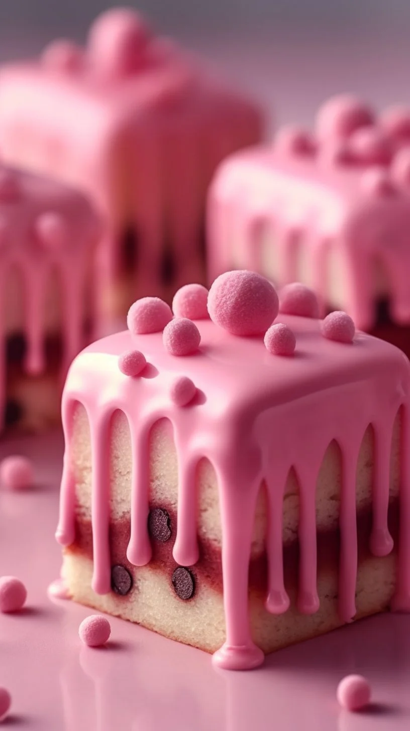 Pink cookie dough mini cakes with chocolate drip on a decorative plate
