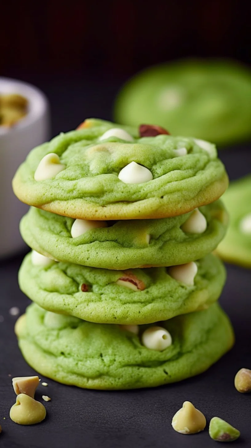Delicious pistachio pudding cookies with a soft texture and vibrant green color.