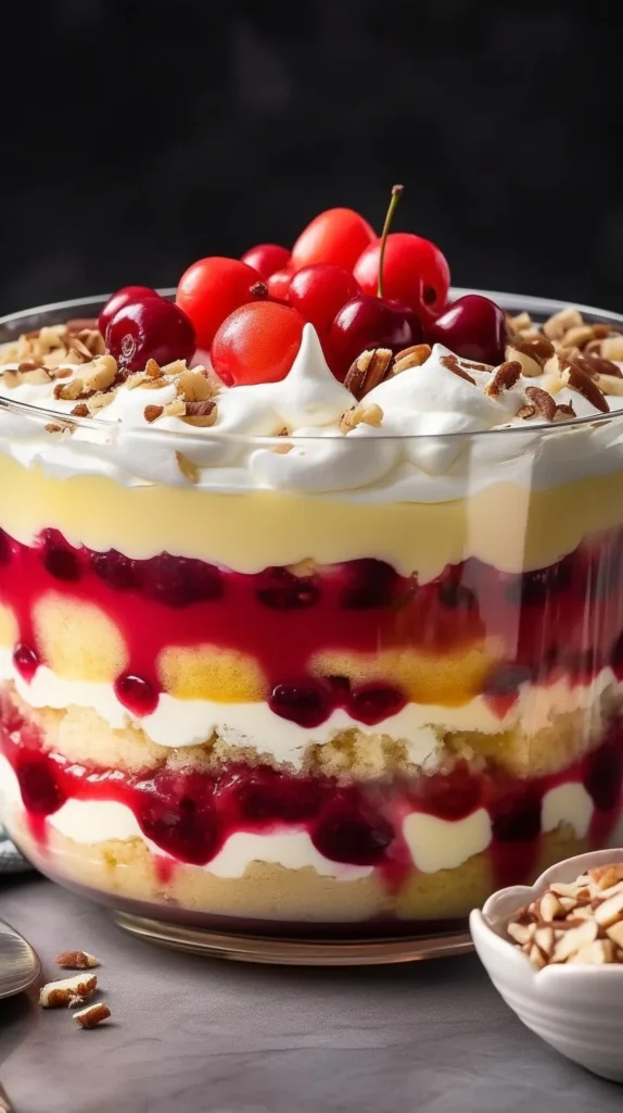 Delicious Punch Bowl Cake layered with cream and fruit in a large bowl