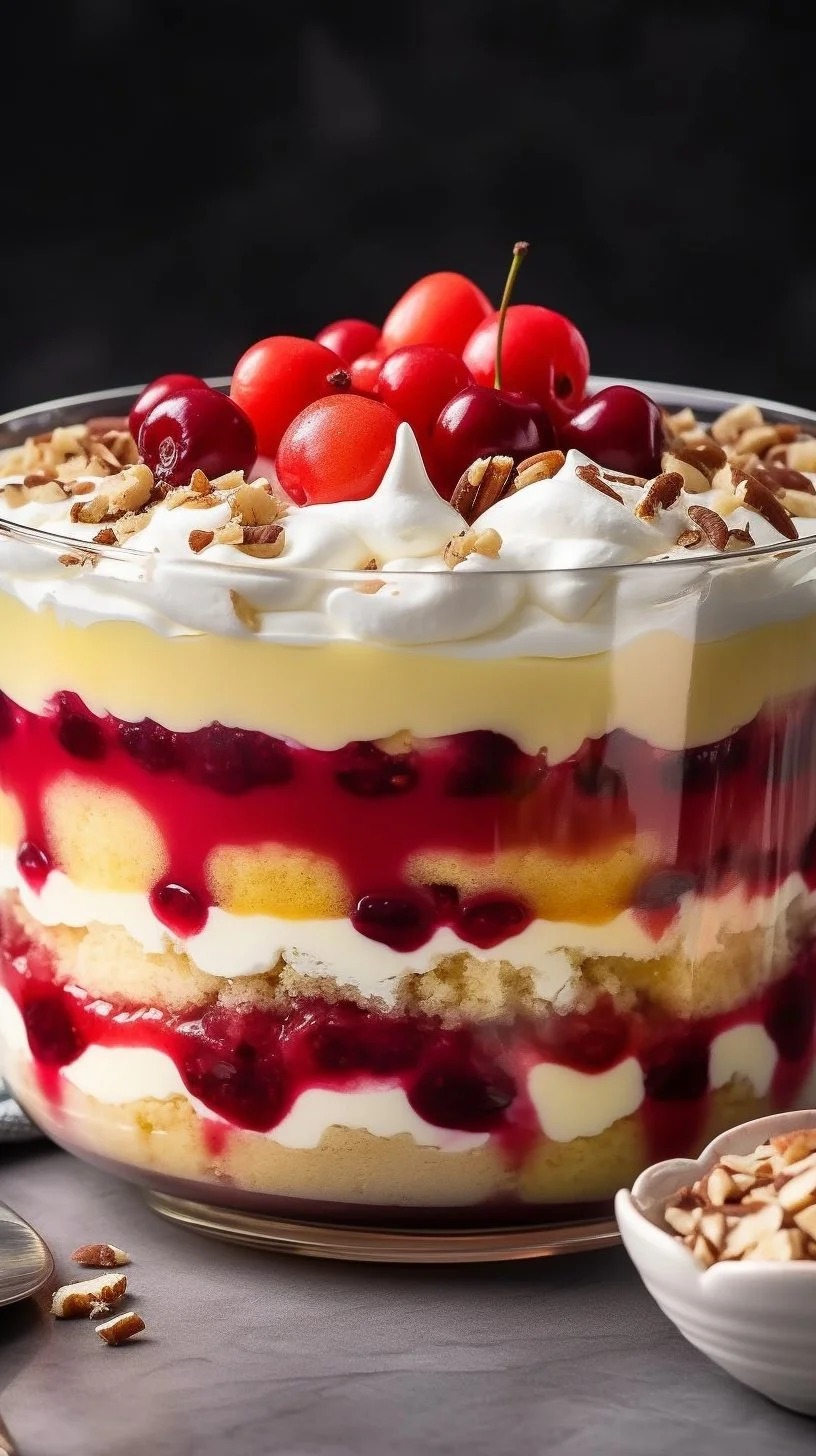 Delicious Punch Bowl Cake layered with cream and fruit in a large bowl