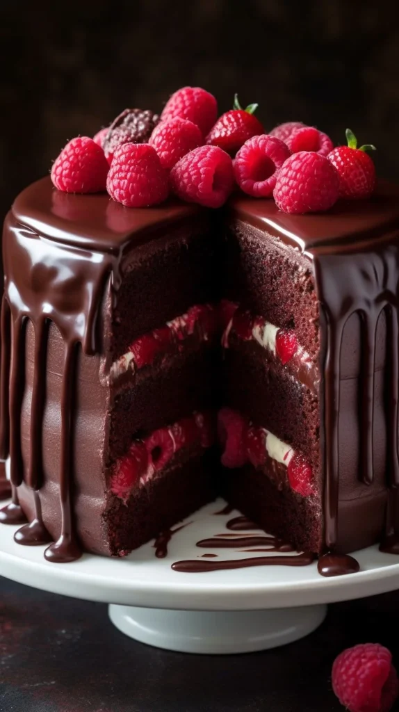 Delicious slice of raspberry chocolate cake topped with fresh raspberries.