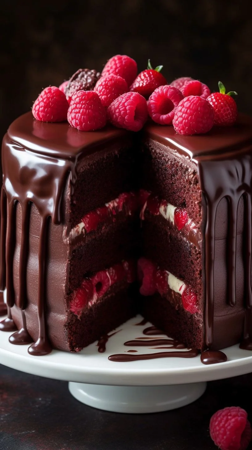 Delicious slice of raspberry chocolate cake topped with fresh raspberries.