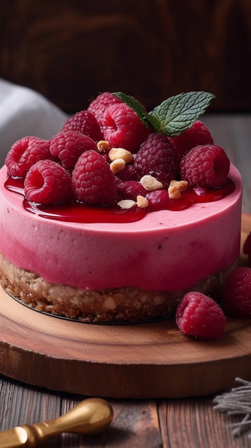 Delicious raspberry mousse topped with fresh raspberries and whipped cream.