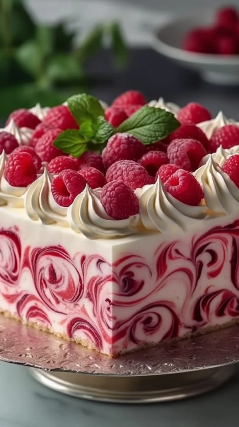 Delicious slice of raspberry swirl cheesecake on a plate