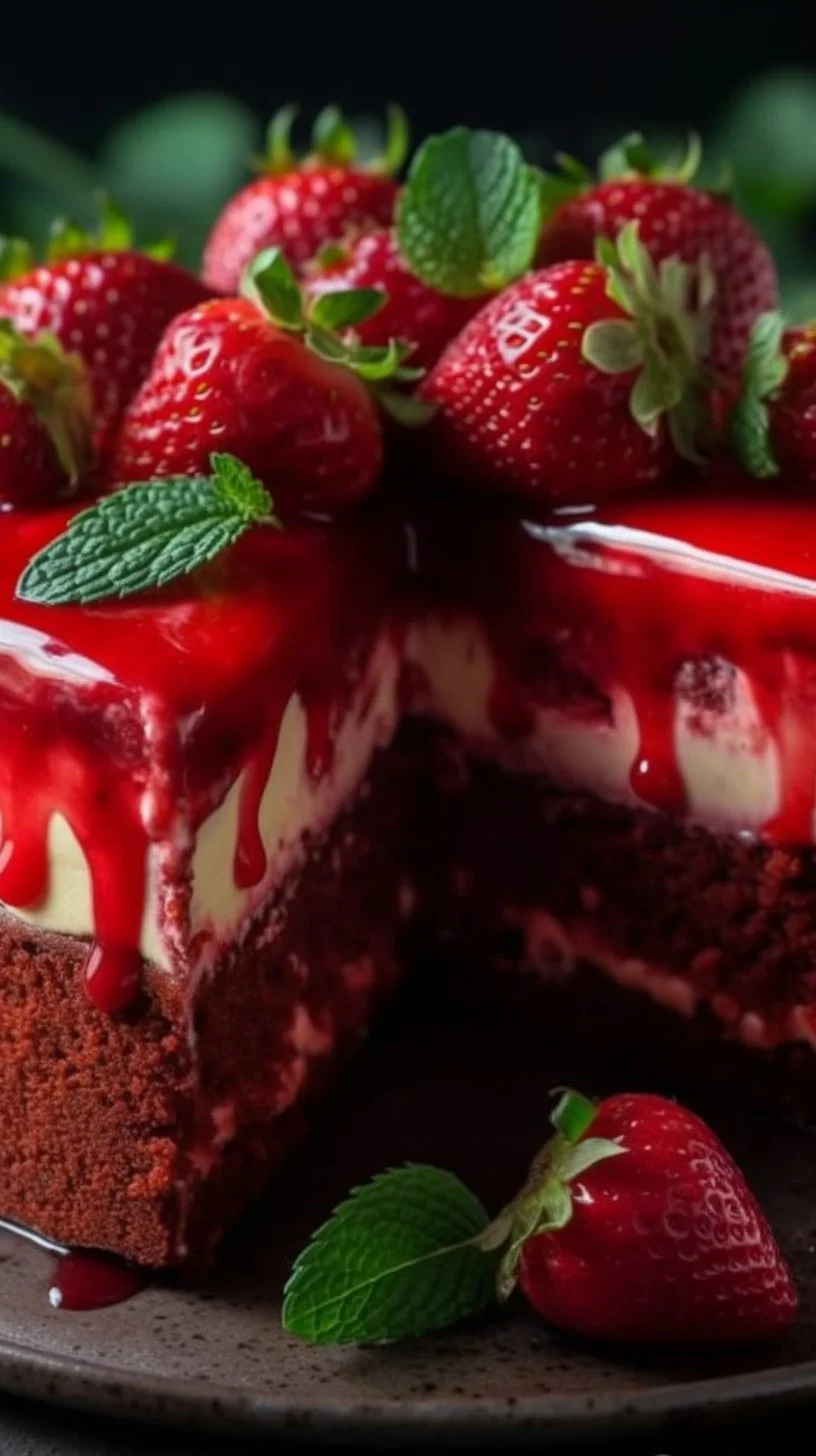 Red Velvet Strawberry Cheesecake topped with fresh strawberries and cream.