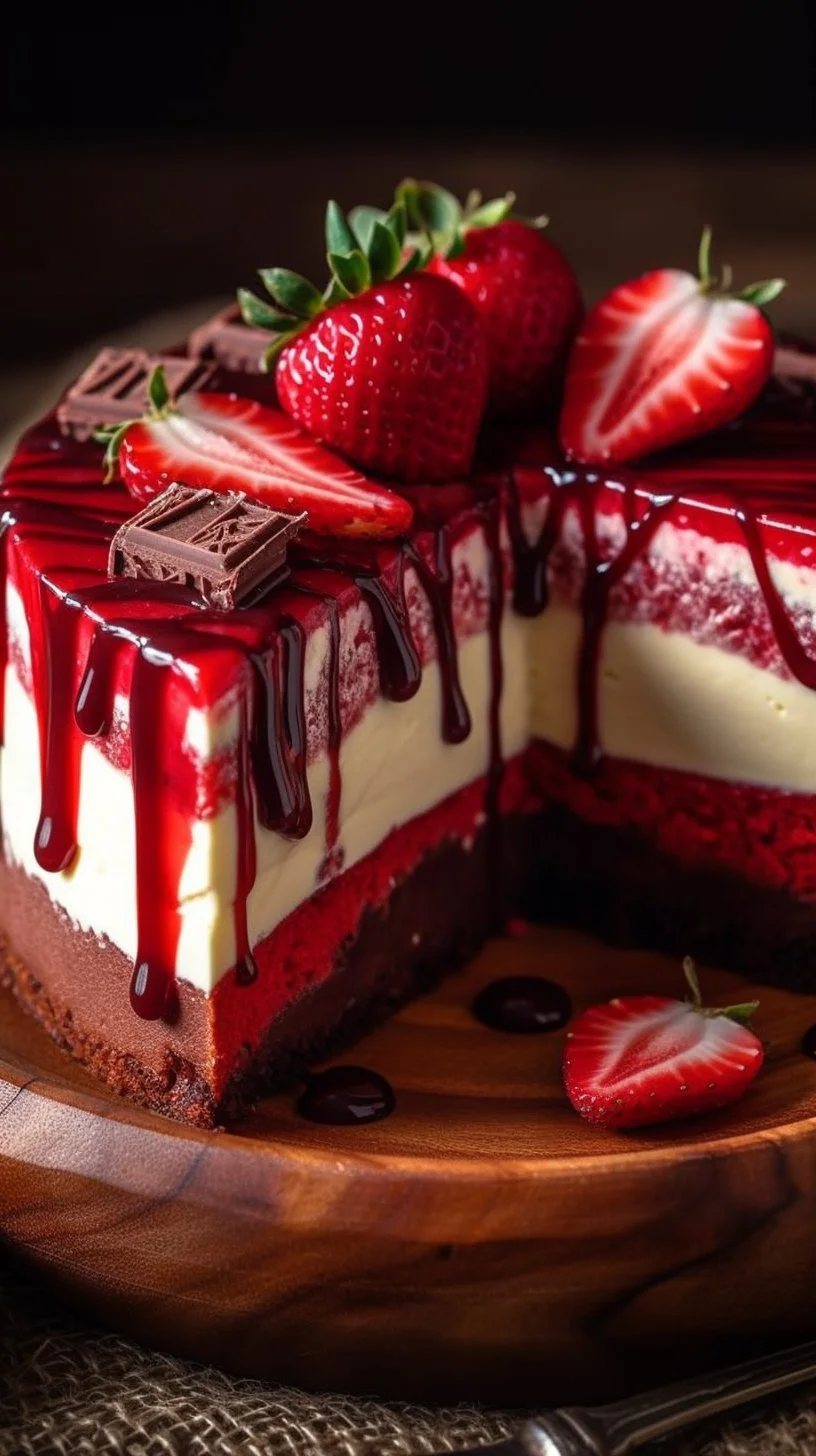 Red Velvet Strawberry Cheesecake Delight with fresh strawberries and rich layers