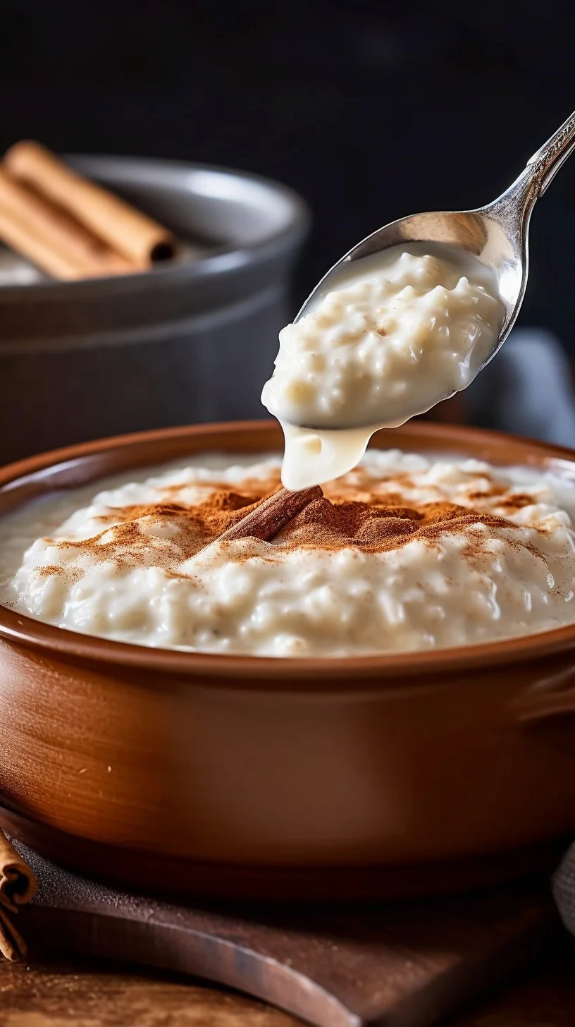 Delicious homemade rice pudding in a bowl with a sprinkle of cinnamon