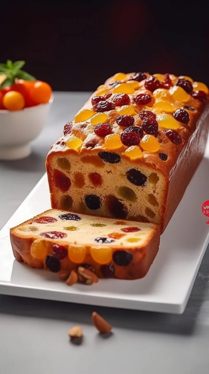 Rich Christmas fruit cake adorned with colorful dried fruits and nuts.