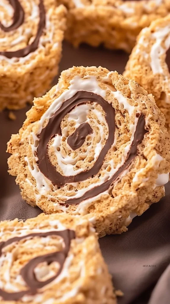 Rolled S'mores Rice Krispie Treats with marshmallows and chocolate on a plate