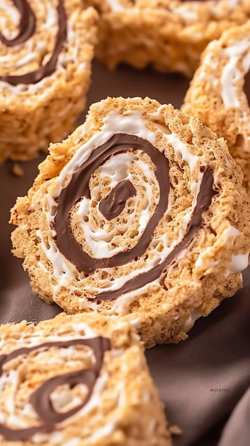 Rolled S'mores Rice Krispie Treats with marshmallows and chocolate on a plate
