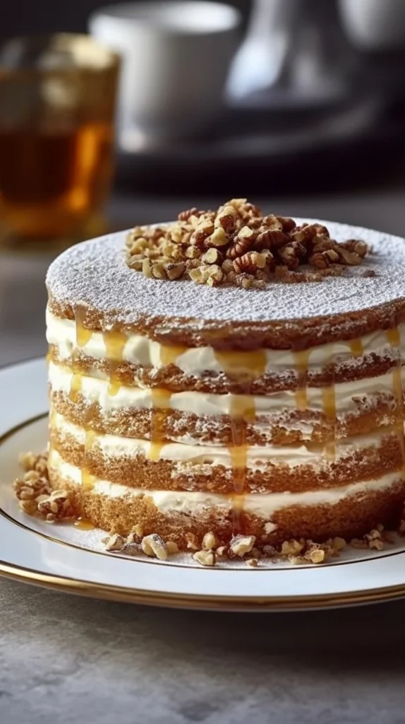 Delicious Romanian Walnut Buttercream Cake topped with rich buttercream frosting