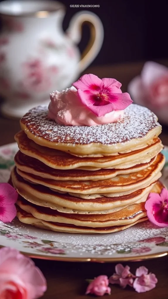 Fluffy rose water pancakes topped with fresh berries and a drizzle of syrup.