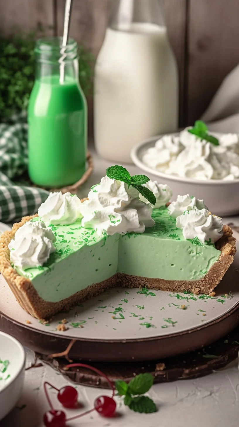 Delicious Shamrock Shake Pie topped with whipped cream and sprinkles