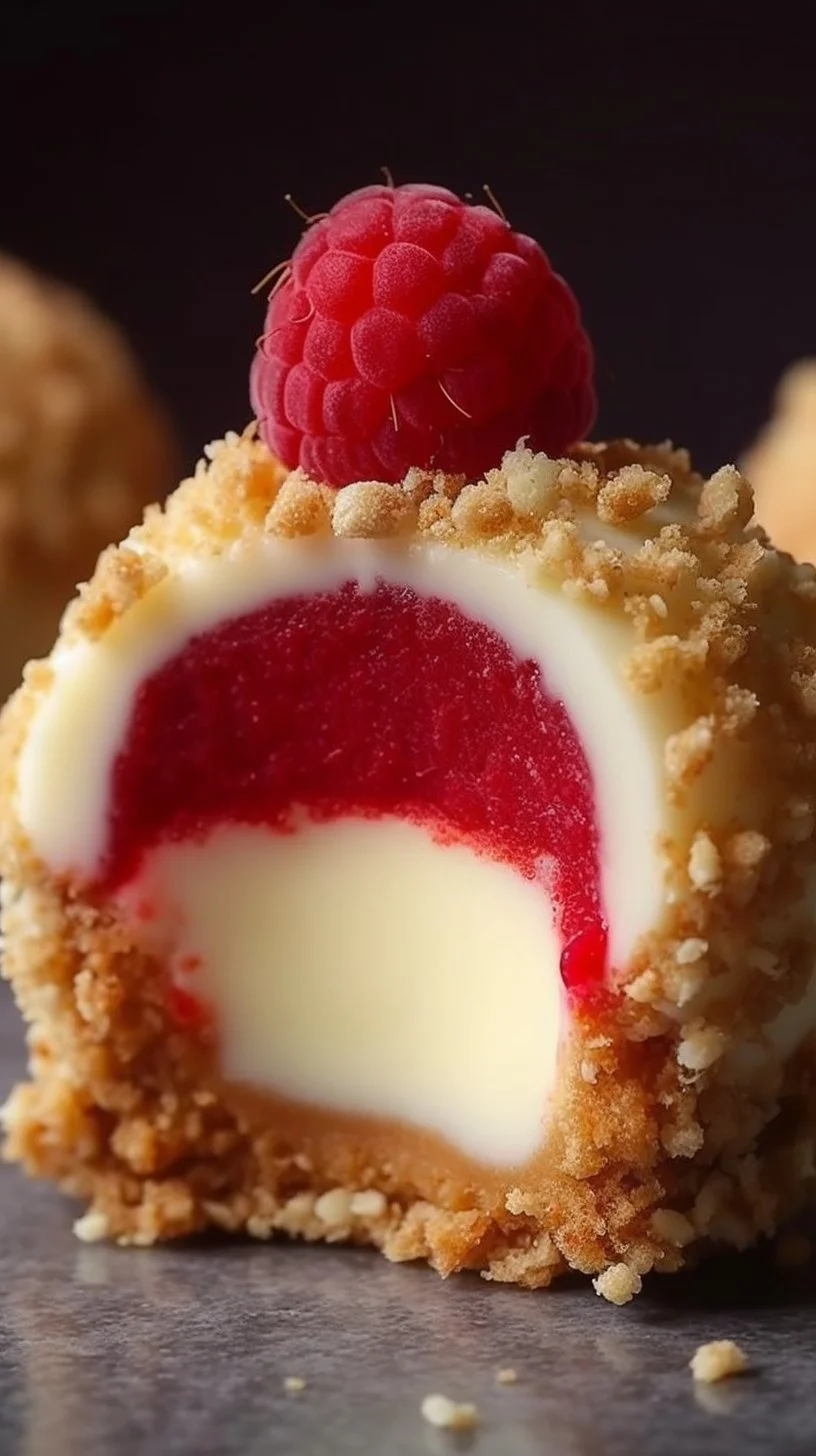 Plate of Strawberry Crunch Cheesecake Bites garnished with strawberries and crunchy topping
