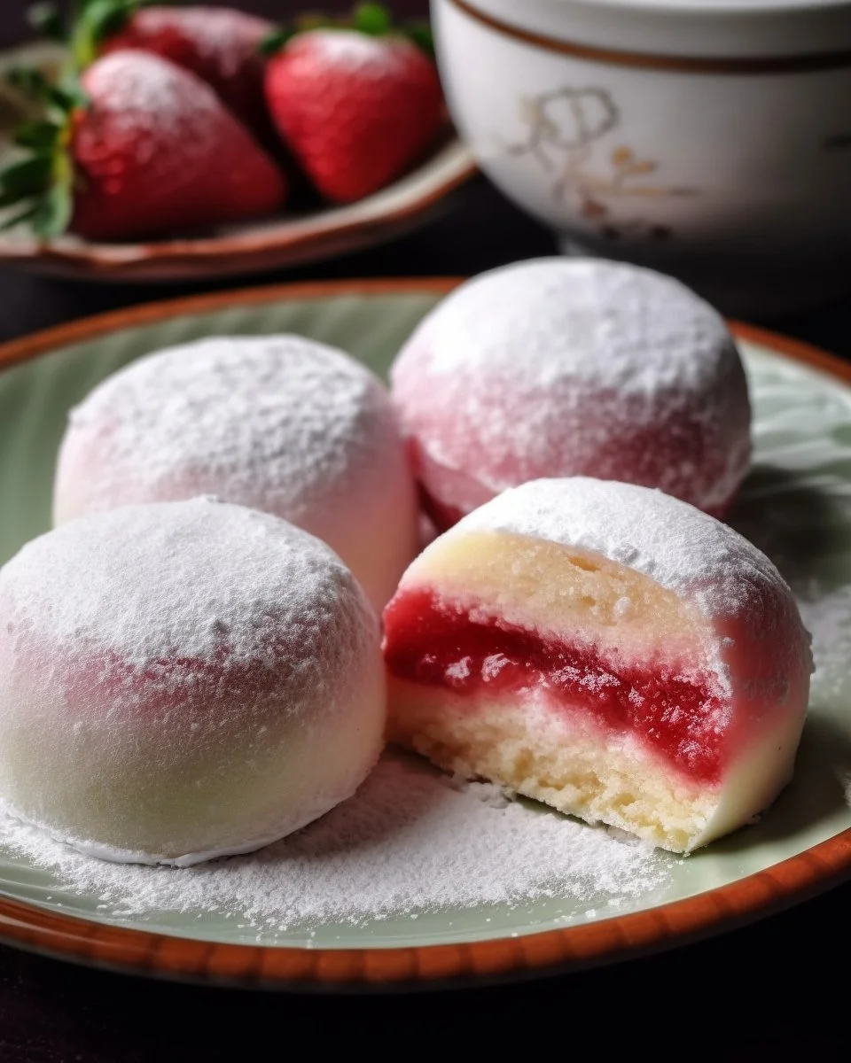 Slice of delicious strawberry mochi cake garnished with fresh strawberries