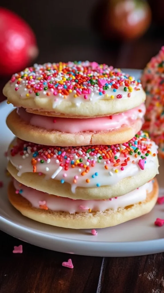 Strawberry pop tart sugar cookies with icing and sprinkles on a plate