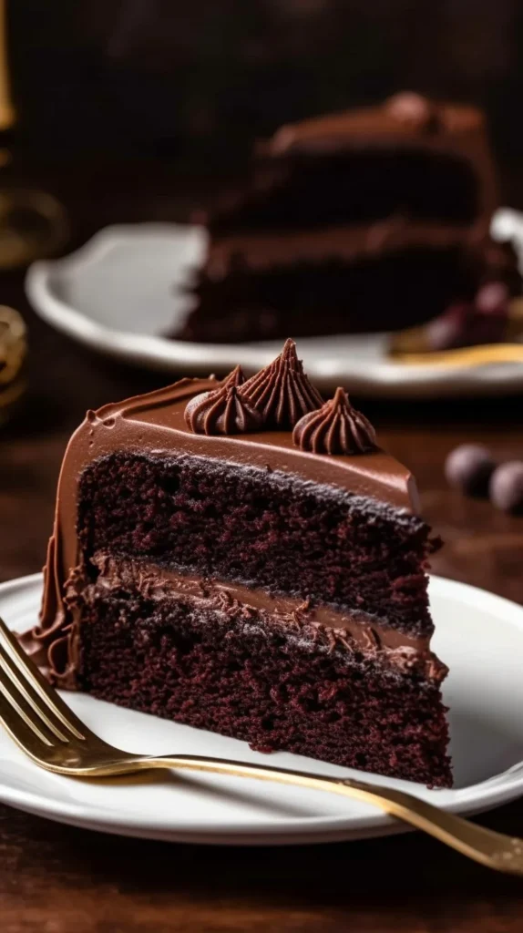 Rich and moist chocolate layer cake with decadent frosting and layers
