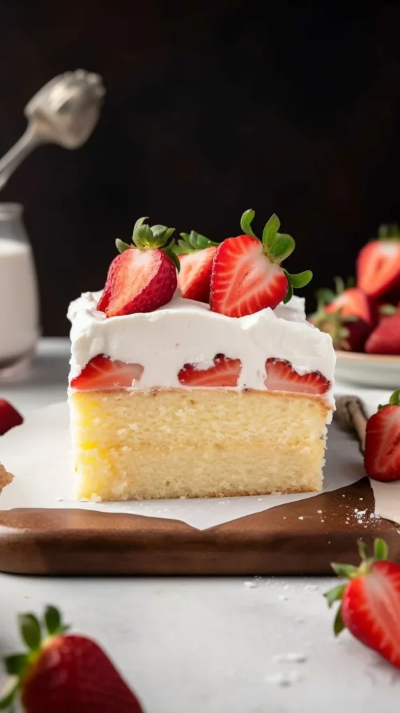 Delicious Three Milks Cake topped with whipped cream and berries