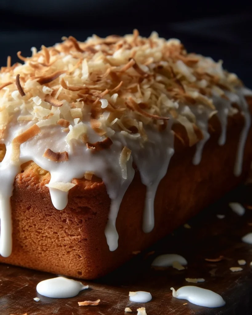 Slice of toasted coconut pound cake with a golden brown crust and coconut flakes