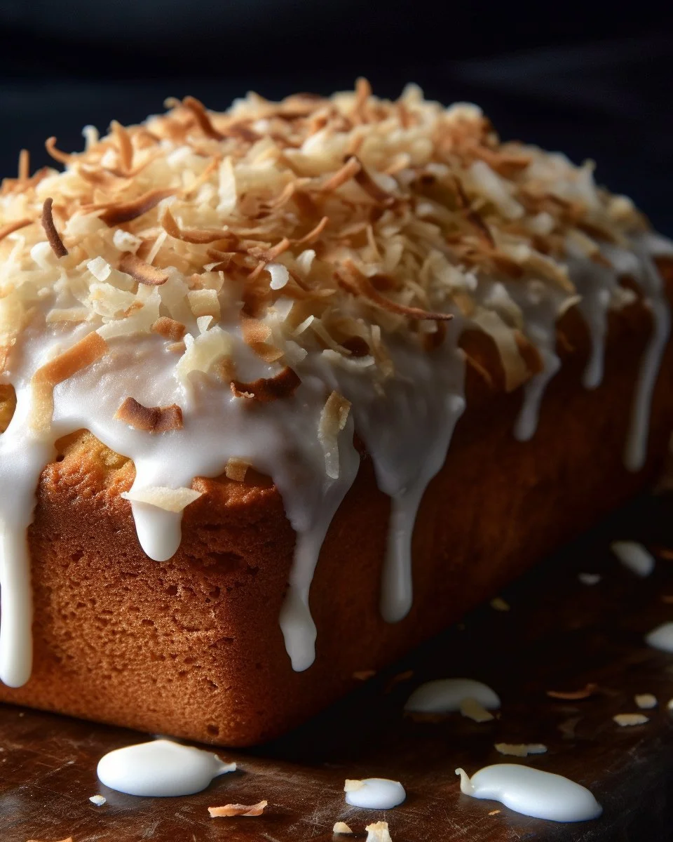 Slice of toasted coconut pound cake with a golden brown crust and coconut flakes