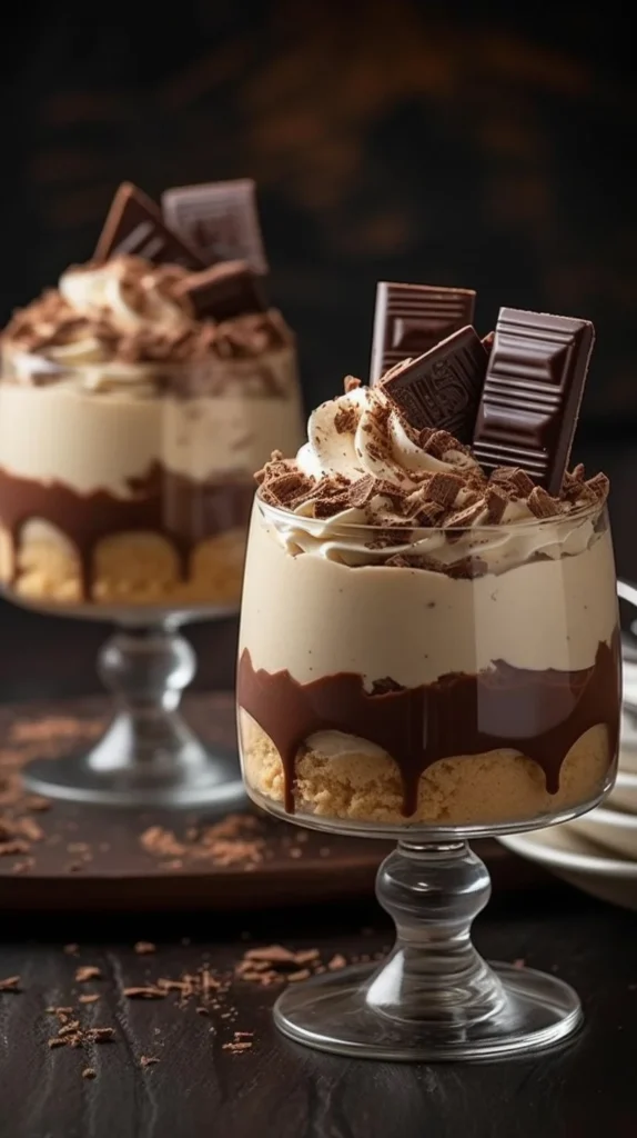 A deliciously light coffee mousse dessert garnished with cocoa powder.
