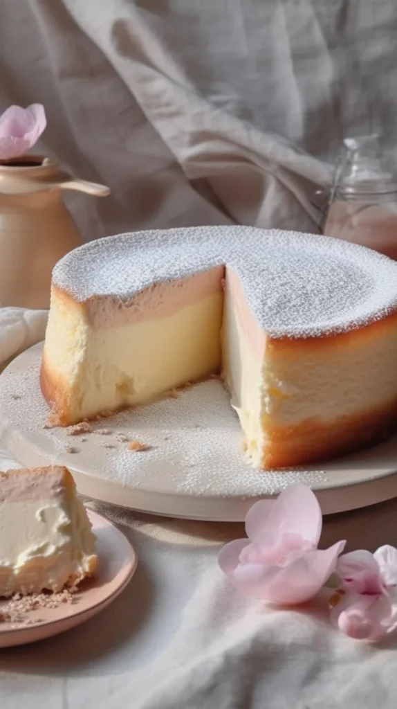 Slice of Vanilla Magic Custard Cake with creamy layers and a dusting of powdered sugar