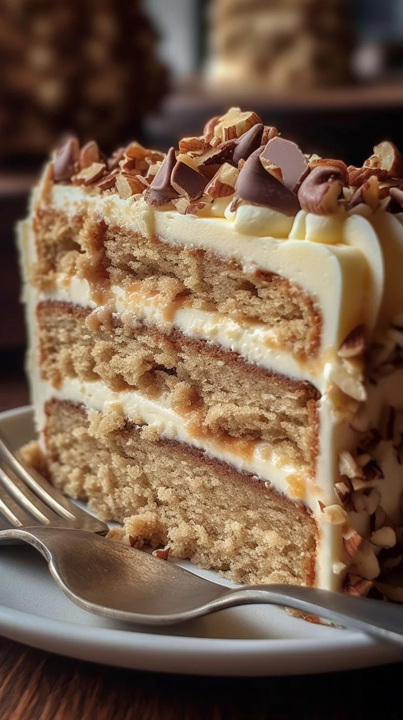Delicious White German Chocolate Cake with a rich cheesecake center