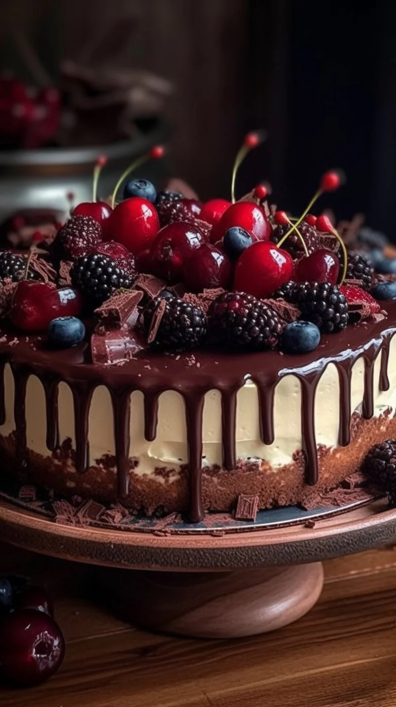 Slice of delicious Black Forest Cheesecake topped with cherries and chocolate shavings