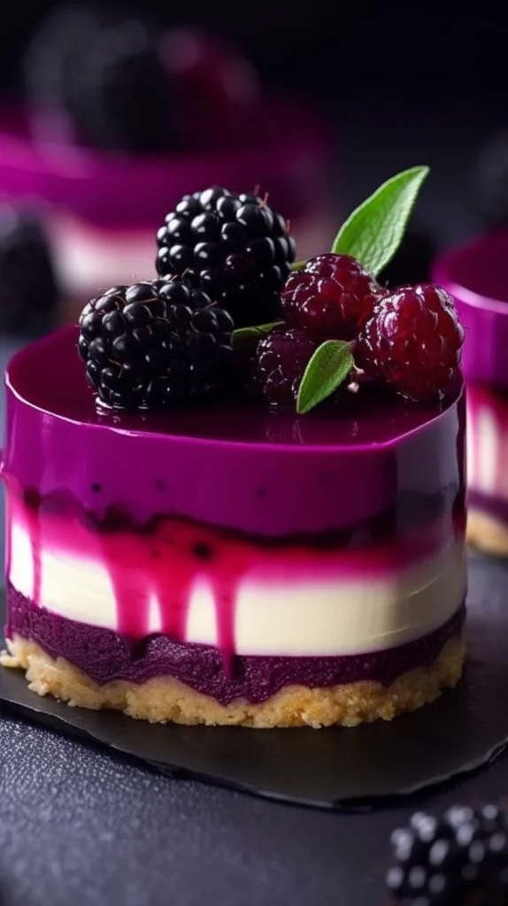Mini Blackberry Lavender Cheesecakes topped with fresh blackberries and lavender