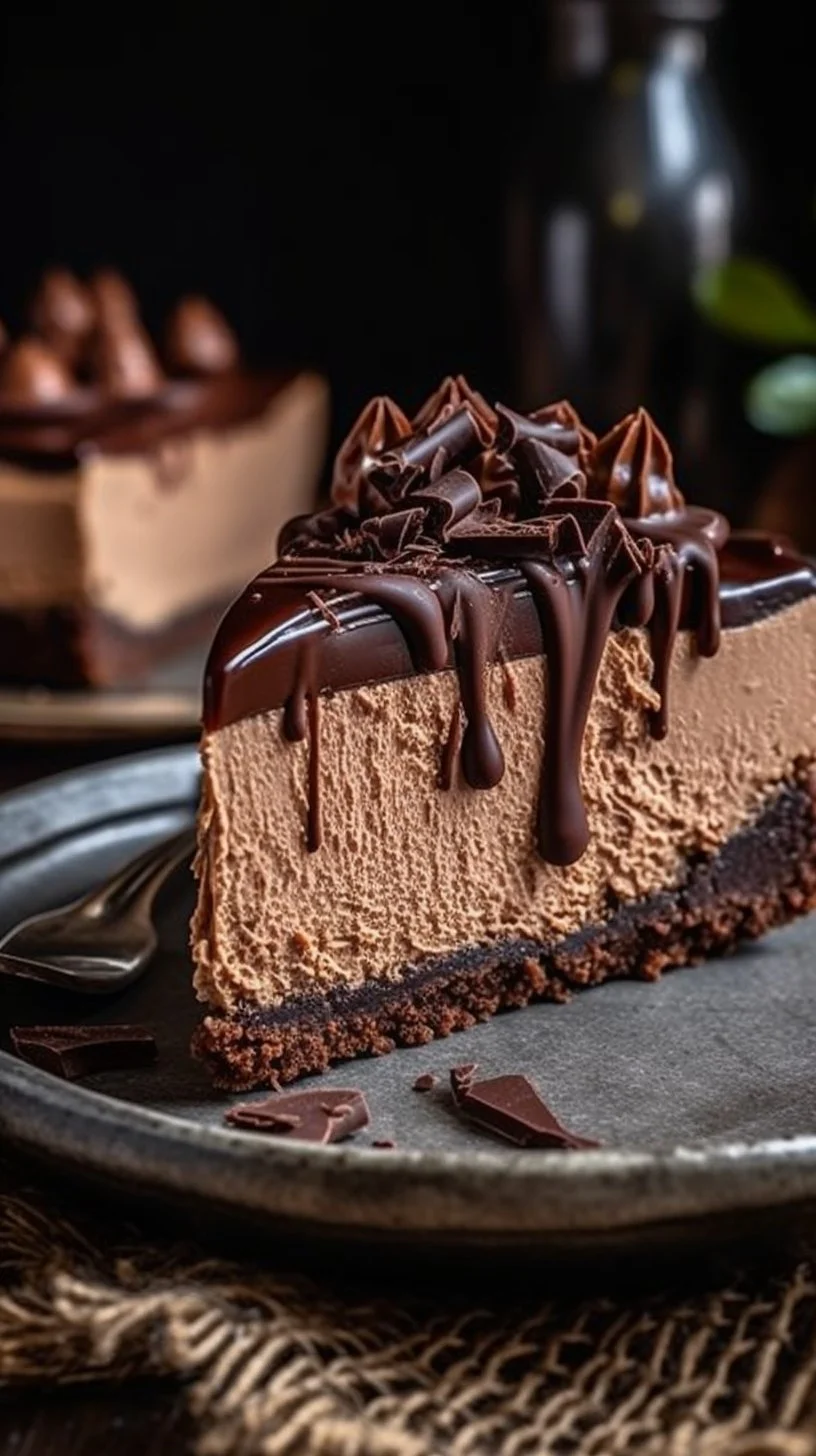 Delicious Triple Chocolate Cheesecake topped with chocolate ganache and sprinkles