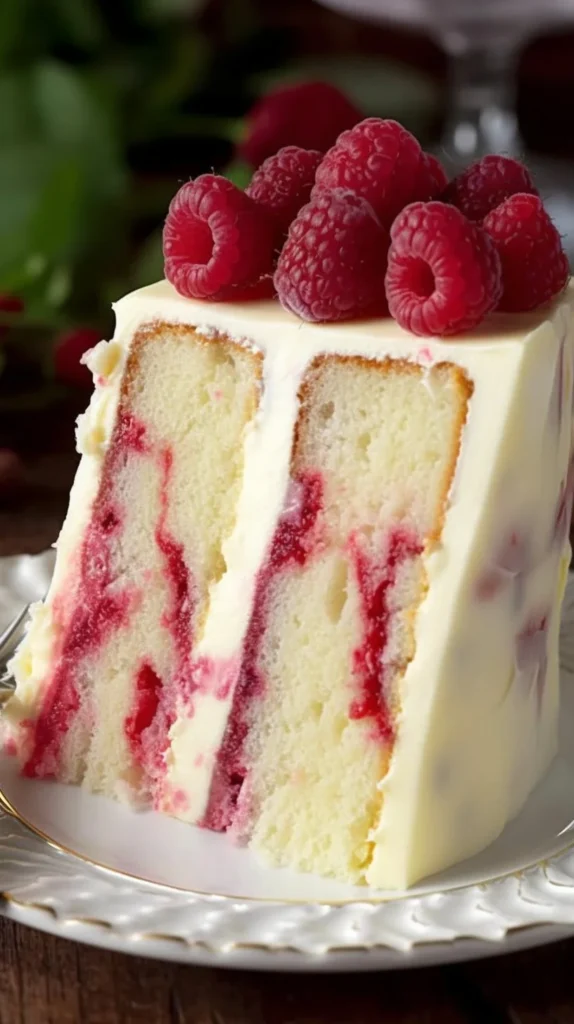 Slice of Almond Raspberry Swirl Cake with a drizzle of raspberry sauce