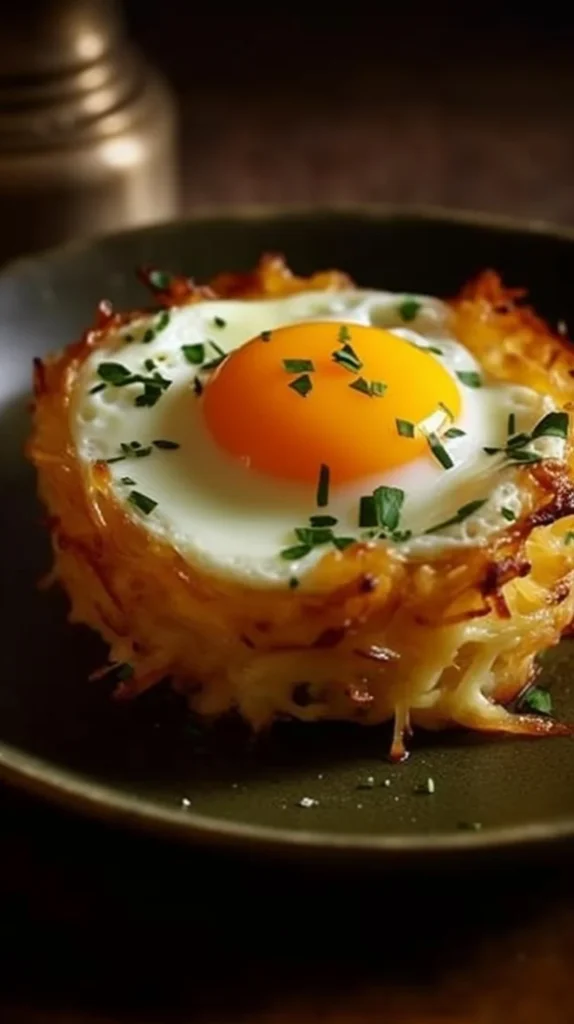 Baked Eggs Napoleon served on a plate with fresh herbs and toppings.