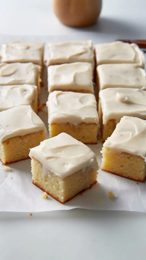 Delicious banana bars with brown butter frosting on a white plate