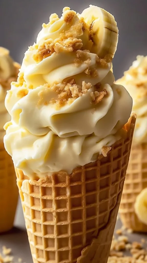 Delicious banana pudding cheesecake cones served on a dessert plate.